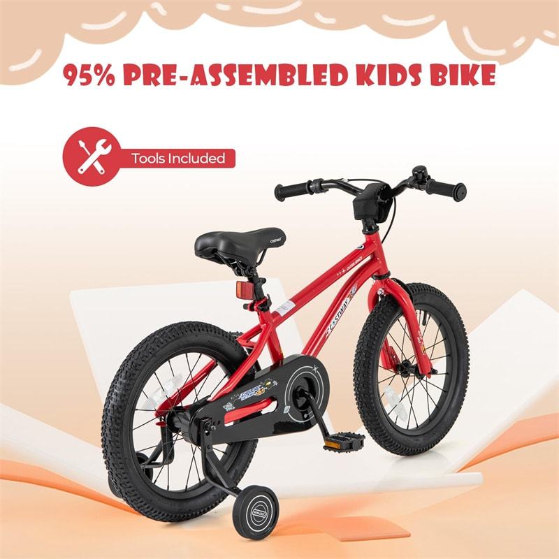 16-Inch Kids Bike, Sports Bicycle for 4-7 Years Old with Height Adjustable Seat, Fully Enclosed Chain Guard & Removable Training Wheels