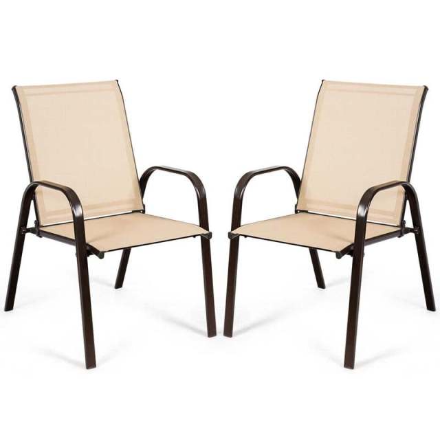 2PCS Steel Frame Sling Patio Chairs, High Back Outdoor Dining Chairs with Armrests & Breathable Quick-Drying Fabric for Backyard, Garden, Deck