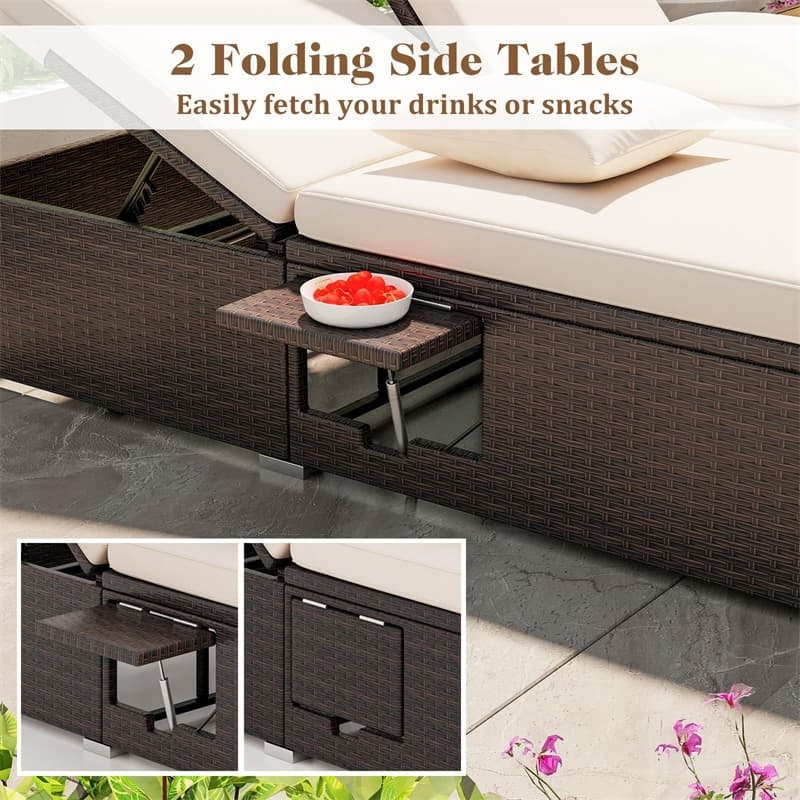 Outdoor Patio Daybed Rattan Double Chaise Lounge with Cushions, Pillows, Folding Side Trays, 6-Position Adjustable Backrest Wicker Loveseat Lounger