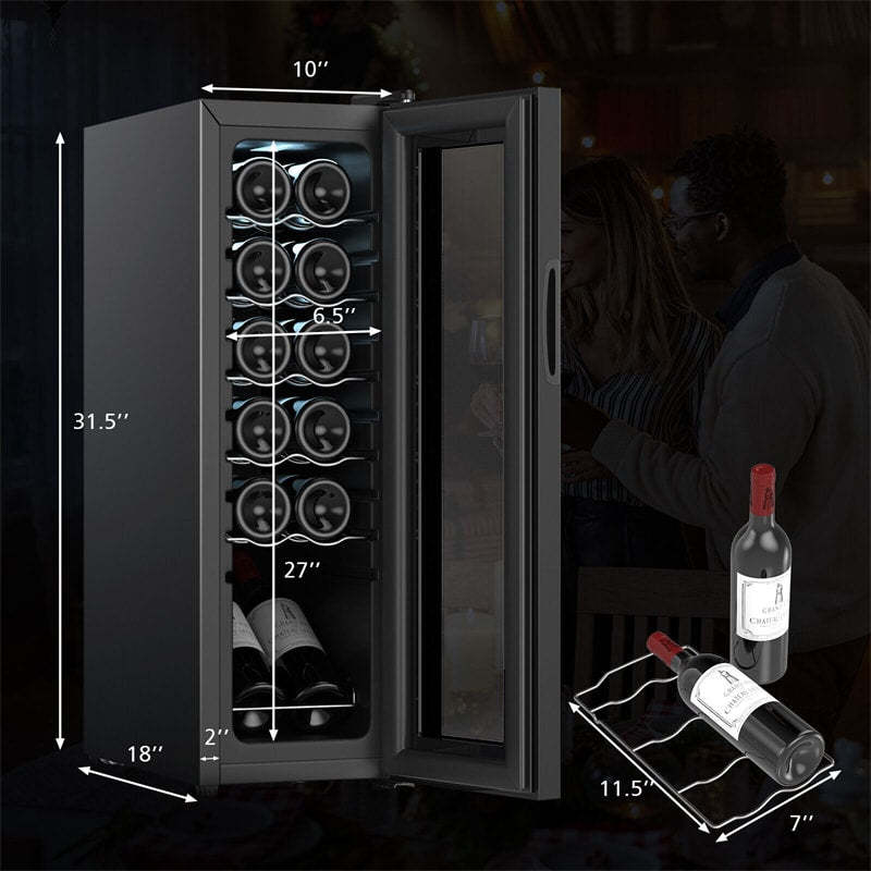 12 Bottle Compressor Wine Cooler Refrigerator with 2-layer Glass Door, LED Lights, 10" Freestanding Built-in Mini Wine Fridge Wine Cellar for Home Bar