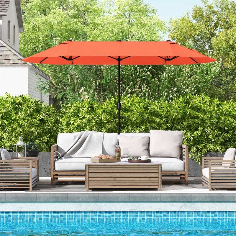 13FT Double-Sided Patio Umbrella, Extra Large Twin Market Umbrella with Base, Crank Handle, Safety Lock, Vented for Poolside, Deck, Backyard