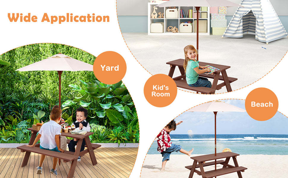 Kids Outdoor Picnic Table Toddler Wood Patio Table & Bench Set with Removable Folding Umbrella for Backyard Garden Lawn