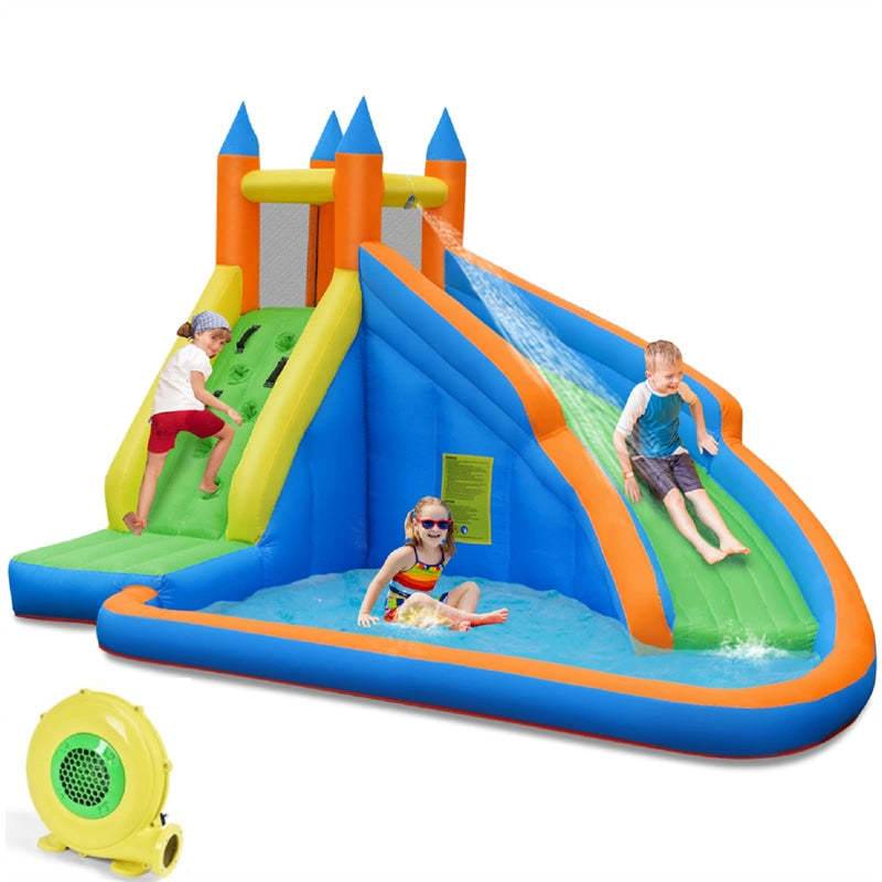 Inflatable Water Slide Mighty Bounce House Splash Pool Giant Bouncy Castle Waterslide Park with Climbing Wall & 480W Blower for Kids Backyard Party