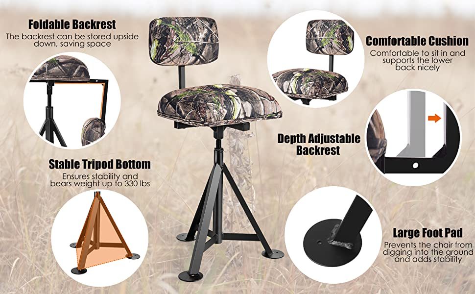 360° Swivel Camo Hunting Chair Tripod Blind Stool Huntsman Chair with Detachable Backrest