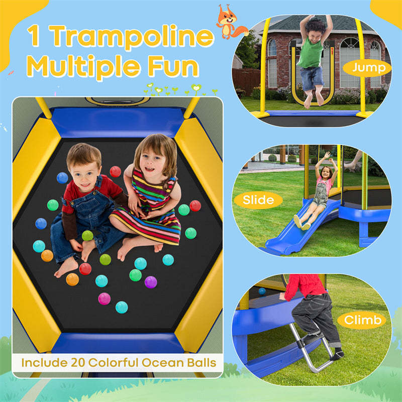 7FT Kids Trampoline, ASTM Approved Indoor Outdoor Recreational Trampoline with Safety Enclosure, Slide, Ladder & Ocean Balls for Toddlers