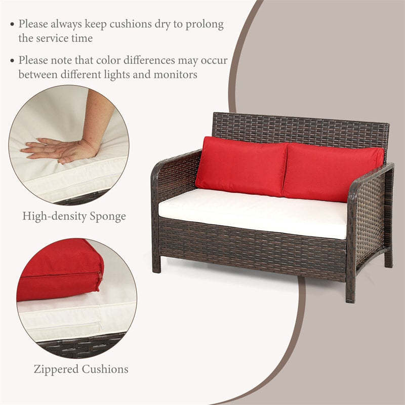 2-Piece Outdoor Wicker Furniture Set Patio Rattan Loveseat Set with Coffee Table & Cushions