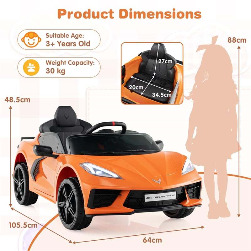 12V Kids Ride On Car Licensed Chevrolet Corvette C8 Electric Toy Car with Remote Control, Wireless Connection, Lights, Gift for Boys & Girls