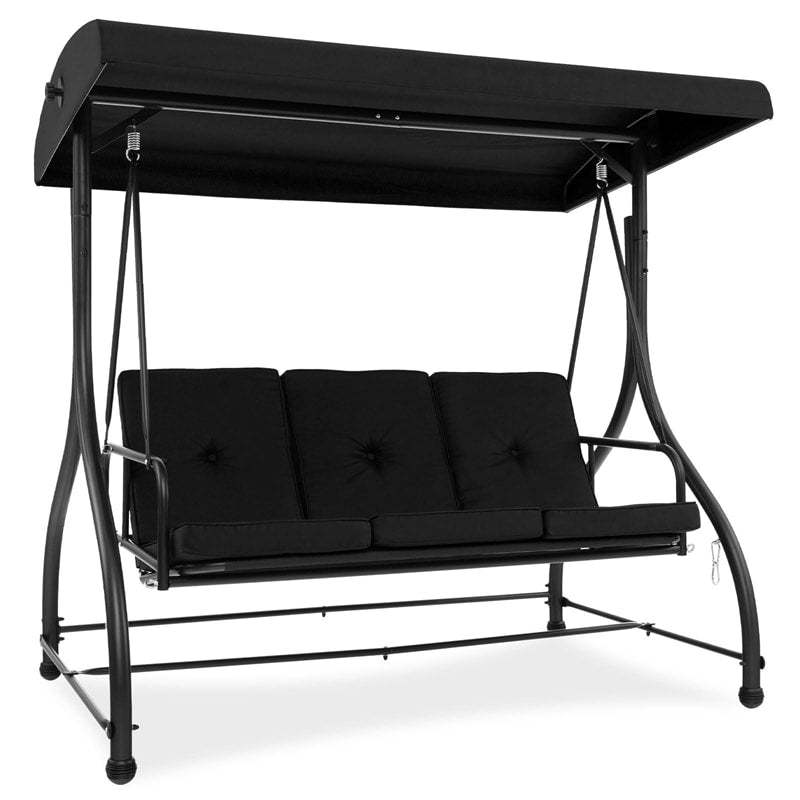 2-in-1 Convertible Patio Swing with Adjustable Canopy & Removable Cushions, Steel Frame 3-Person Outdoor Swing Bed for Deck/Backyard/Garden