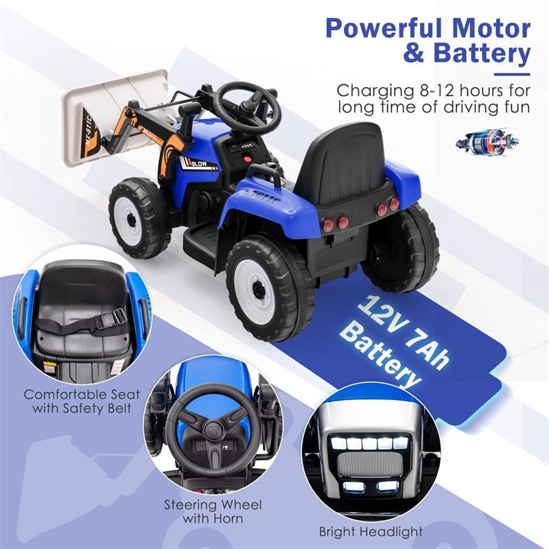 12V Kids Ride-On Excavator Tractor Car Electric Construction Vehicle with Adjustable Digging Bucket & Remote Control