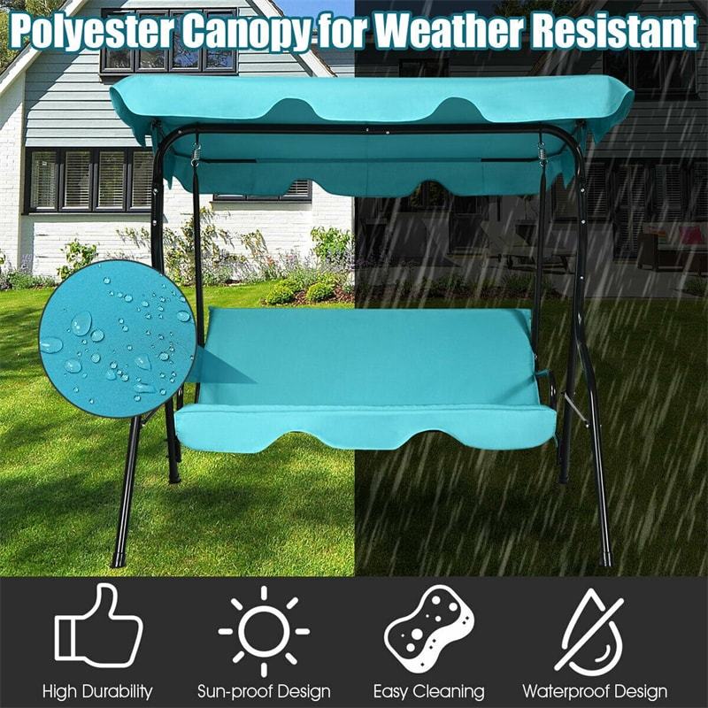 3-Seat Patio Swing with Adjustable Canopy & Removable Cushion, Powder-Coated Steel Frame Outdoor Porch Swing for Backyard, Garden, Balcony