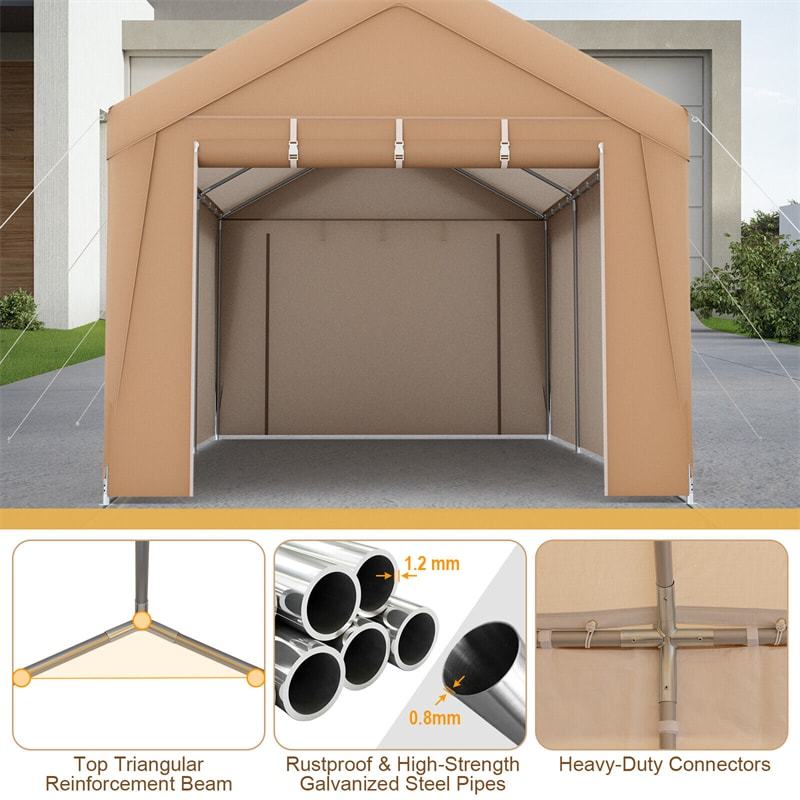 10x20FT Heavy Duty Carport Canopy Outdoor Car Shelter Portable Garage Tent with Removable Sidewalls & 2 Roll-up Zippered Doors
