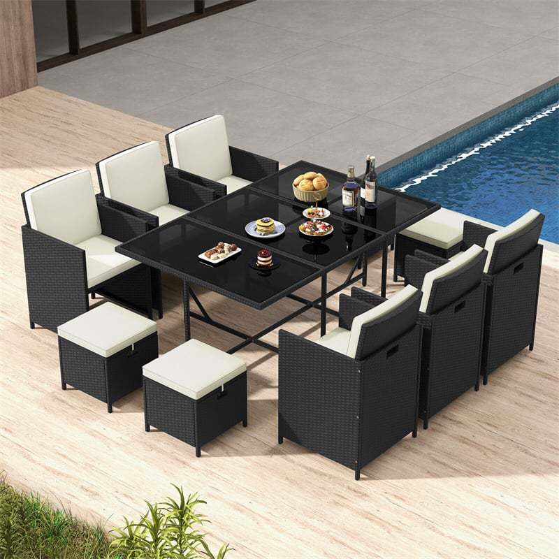 11 Piece Patio Dining Set Space Saving Wicker Chairs Tempered Glass Table Set Outdoor Conversation Furniture with Ottomans, Seat & Back Cushions