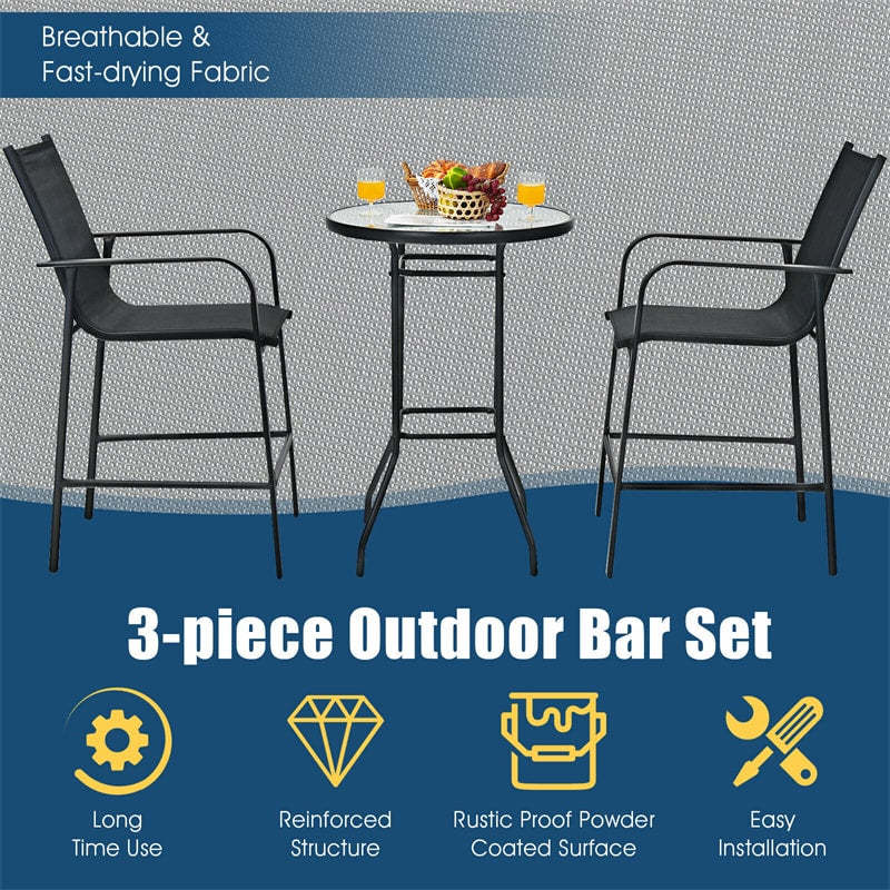 3 Piece Patio Bar Set Outdoor Bistro Set with 2 Bar Stools & Tempered Glass Top Bar Table for Backyard Garden Lawn