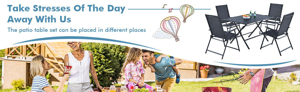 5 Piece Patio Dining Furniture Set Folding Table Chair Set with Umbrella Hole