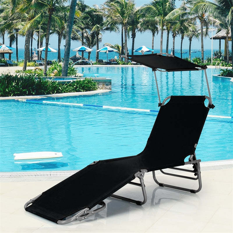 Folding Beach Lounge Chair, Outdoor Sun Lounger with Canopy, Adjustable Backrest & Side Pocket, Portable Tanning Chair with for Patio, Poolside