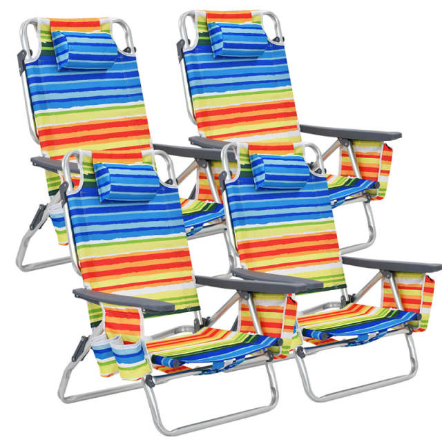 4 Pack Folding Backpack Beach Chairs, 5-Position Adjustable Sling Camping Chairs Reclining Beach Chairs with Head Pillows, Ice Pack, Cup Holder