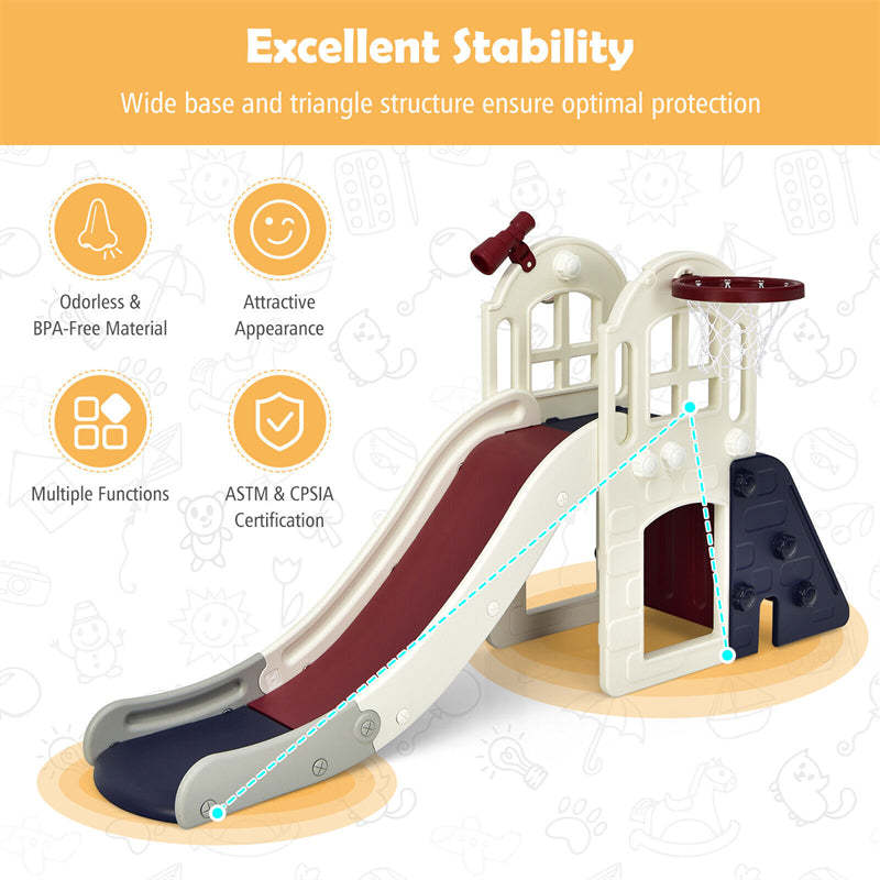 6-in-1 Large Slide for Kids, Toddler Climber Slide Playset with Basketball Hoop, Ring Toss, Freestanding for Indoor & Outdoor Use