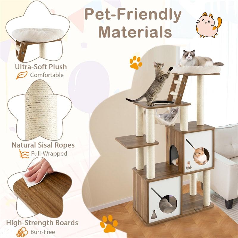 57" Modern Wooden Cat Tree Tower Large Multi-Level Cat Activity Center with Climbing Ladder, 2 Cat Condos, Hanging Hammock & Padded Top Perch