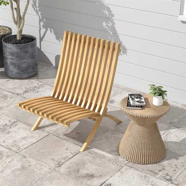 Folding Patio Chair, Teak Wood Low Profile Lounge Chair with Slatted Seat & Backrest, Fire Pit Chair for Porch, Balcony, Garden, Yard