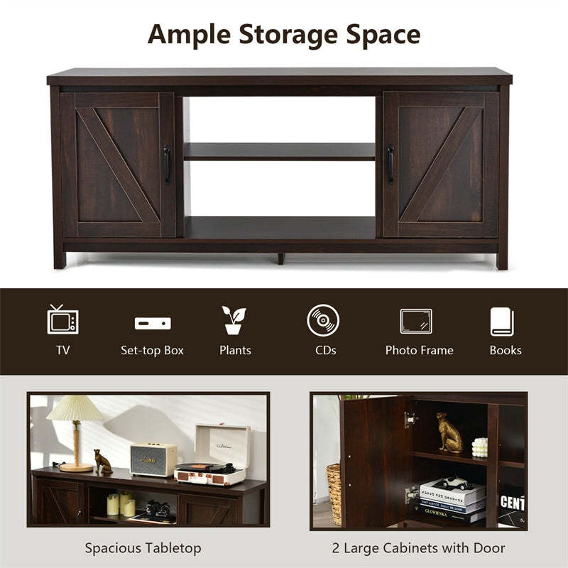 59" Fireplace TV Stand for TVs Up to 65", Farmhouse Wooden Media Console Table with Barn Doors, Storage Cabinet, Adjustable Shelves