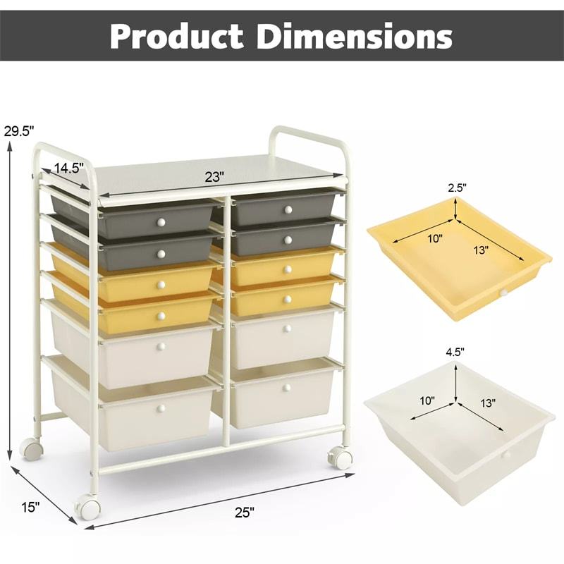 12-Drawer Rolling Storage Cart, Multipurpose Organizer Cart with Lockable Casters, Mobile Utility Cart for School Office Beauty Salon