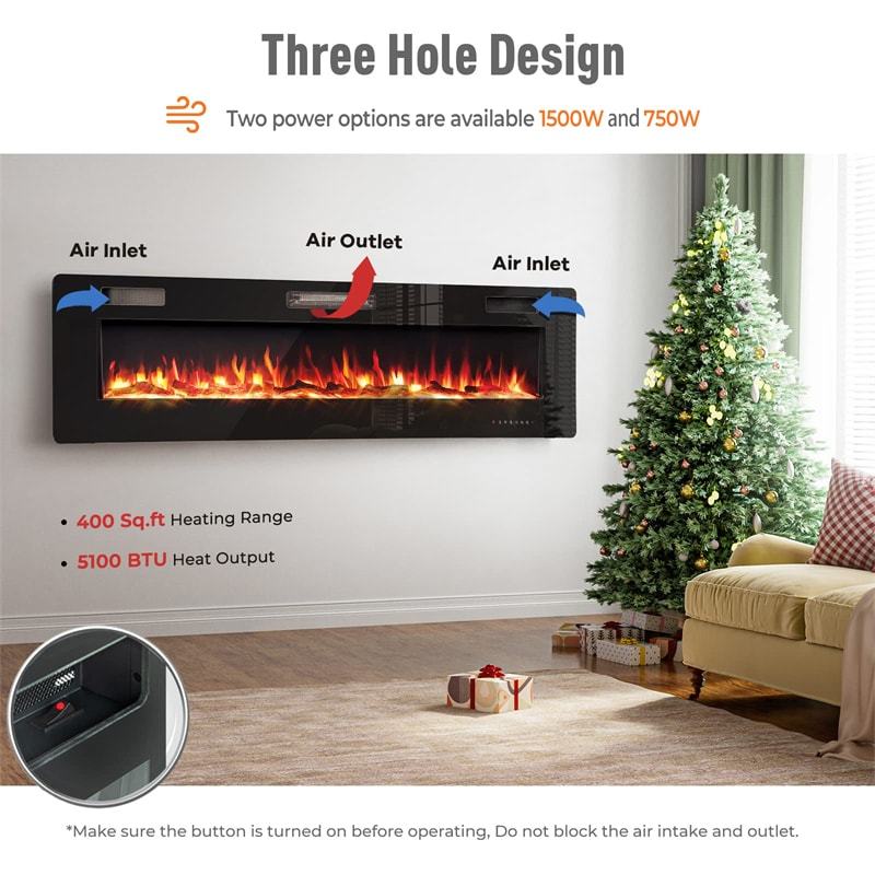 60" Ultra-Thin Electric Fireplace, Recessed & Wall Mounted Fireplace Heater with Log, Crystal Decoration, Remote Control, 8H Timer, Adjustable Flame