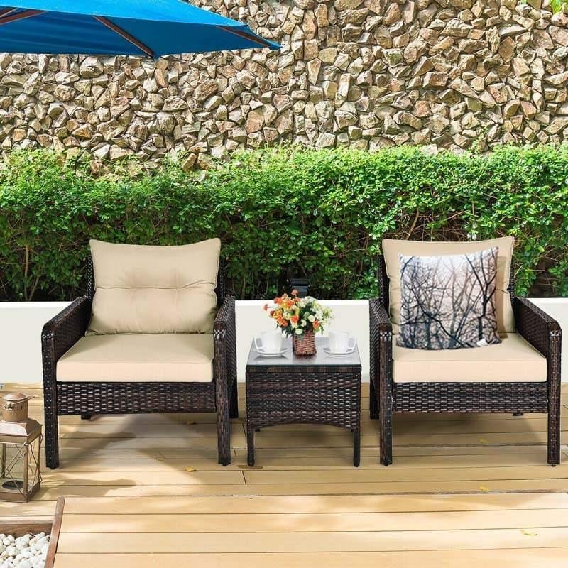 3 Piece Rattan Patio Furniture Set Outdoor Conversation Set Wicker Chairs with Cushions & Glass Top Coffee Table for Garden Lawn Yard