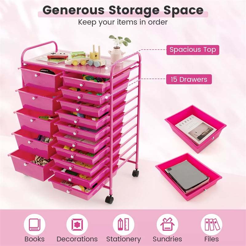 15-Drawer Rolling Storage Cart, Art &  Craft Organizer with Wheels & Removable Drawers for Tools, Scrapbook Paper, Home Office School