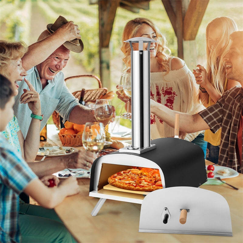 Multi-Fuel Outdoor Pizza Oven, Portable Propane & Wood Fired Pizza Maker with 13" Pizza Stone & Built-In Thermometer for Backyard, Camping Parties