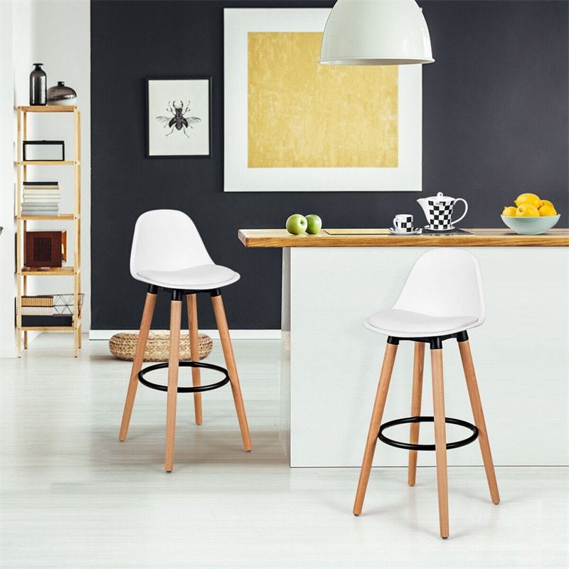 28.5" Mid-Century Barstool Set of 2 Armless Dining Pub Chair with PU Leather Seat & Round Metal Footrest