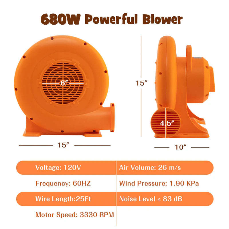 680 Watts Air Blower for Inflatable, 1.0HP Bounce House Blower with 25FT Wire GFCI Plug & Stakes