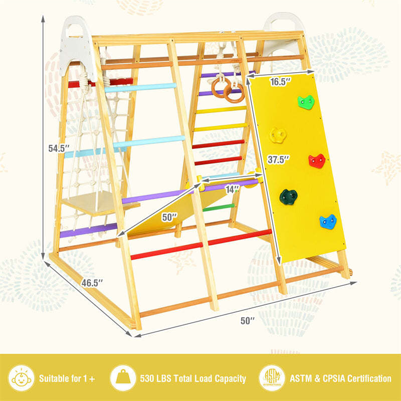 Indoor Jungle Gym for Kids, 8-in-1 Toddler Wooden Montessori Indoor Playground Climber Playset with Slide, Monkey Bars, Climbing Rock & Net