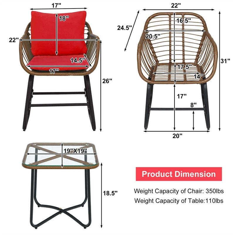 3 Piece Patio Rattan Bistro Set with Cushioned Armchairs & Tempered Glass Top Table, Wicker Outdoor Furniture Set for Garden Deck Poolside