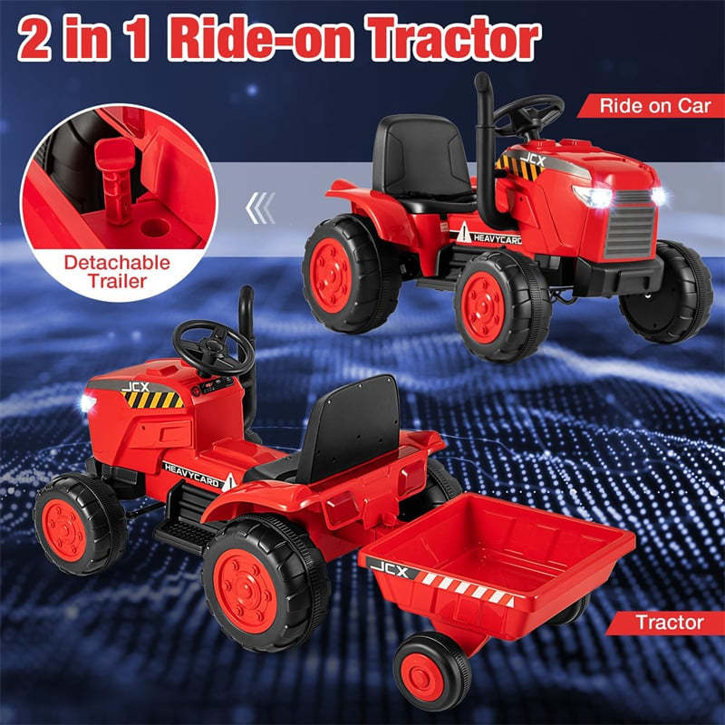 2-in-1 Kids Ride On Tractor with Detachable Trailer, 12V Electric Toy Car with Remote Control & LED Lights, Toddler Tractor for 3-8 Years