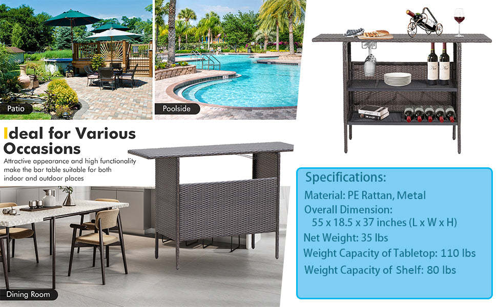 Outdoor Wicker Bar Counter Table All Weather Rattan Bar Height Table with 2 Storage Shelves
