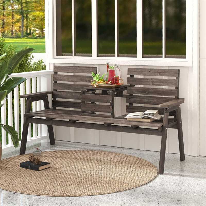 Outdoor Fir Wood Bench with Foldable Middle Table, 710lbs Capacity, 2-3 Person Garden Bench with Backrest & Armrests, Slatted Seat Bench for Porch