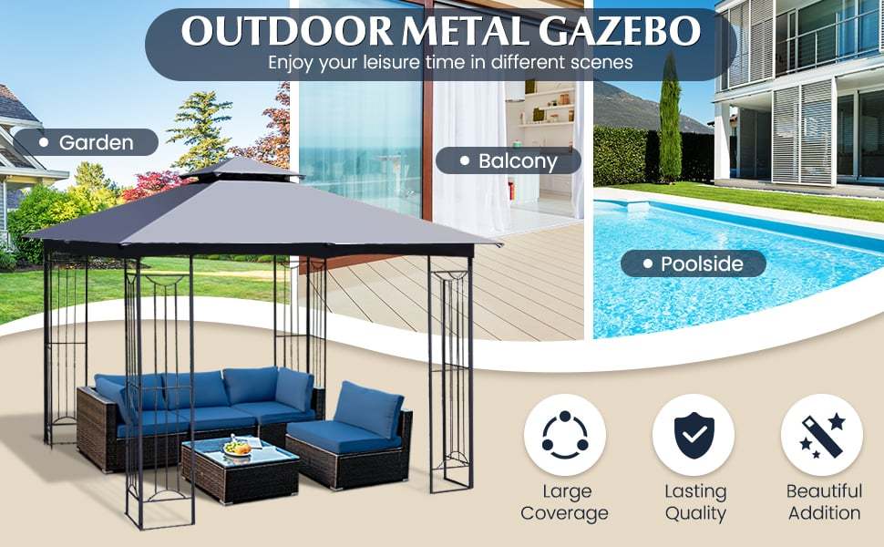 10 x 10 FT Patio Gazebo Double Roof Outdoor Canopy Gazebo Heavy-Duty Steel Frame Gazebo Garden Pavilion Shelter