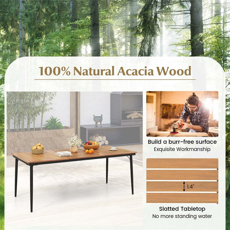79" Acacia Wood Outdoor Patio Table, 8-Person Rectangular Dining Table w/ 1.9" Umbrella Hole, Metal Frame, Adjustable Foot Pads for Poolside, Backyard