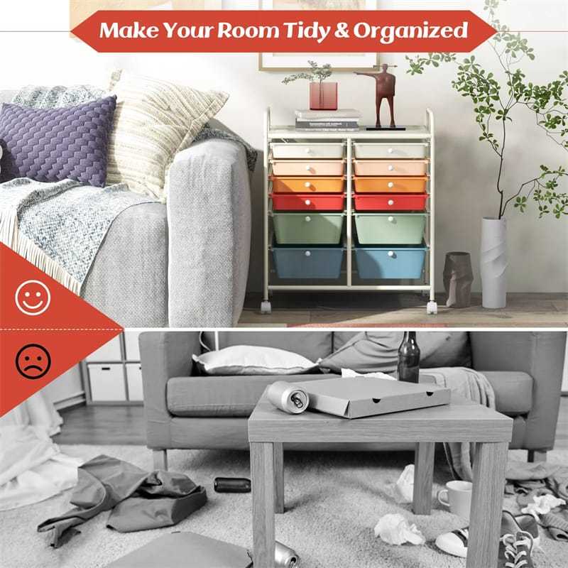 12-Drawer Rolling Storage Cart, Multipurpose Organizer Cart with Lockable Casters, Mobile Utility Cart for School Office Beauty Salon