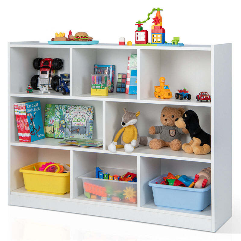 Wood 8-Cube Open Bookcase 3-Tier Storage Bookshelf Modern Multipurpose Display Organizer Cabinet for Kids Playroom, Living Room, Study