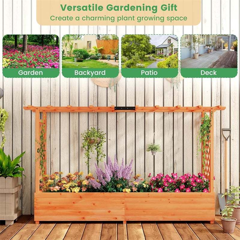 Raised Garden Bed Fir Wood Outdoor Planter Box with 2-Sided Trellis & Hanging Roof for Flowers Herbs Climbing Plants