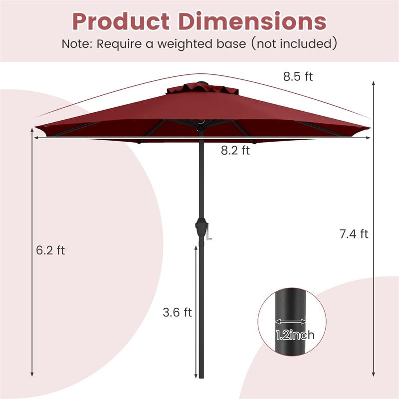 8.5FT Patio Umbrella, Outdoor Market Table Umbrella with Crank Handle, 8 Heavy Duty Ribs, Vented Top, Sun-Proof Canopy for Garden Yard Poolside