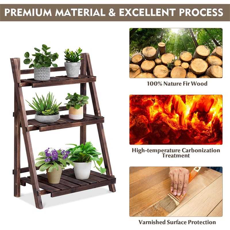 3 Tier Folding Wood Plant Stand Flower Pot Holder Display Rack Foldable Rustic Ladder Shelf for Home Patio Balcony Garden