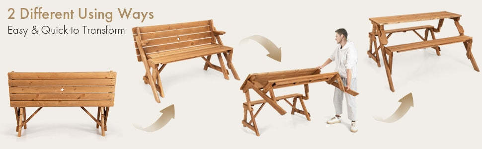 2-in-1 Convertible Wooden Picnic Table Garden Bench Set Folding Outdoor Dining Table with Umbrella Hole