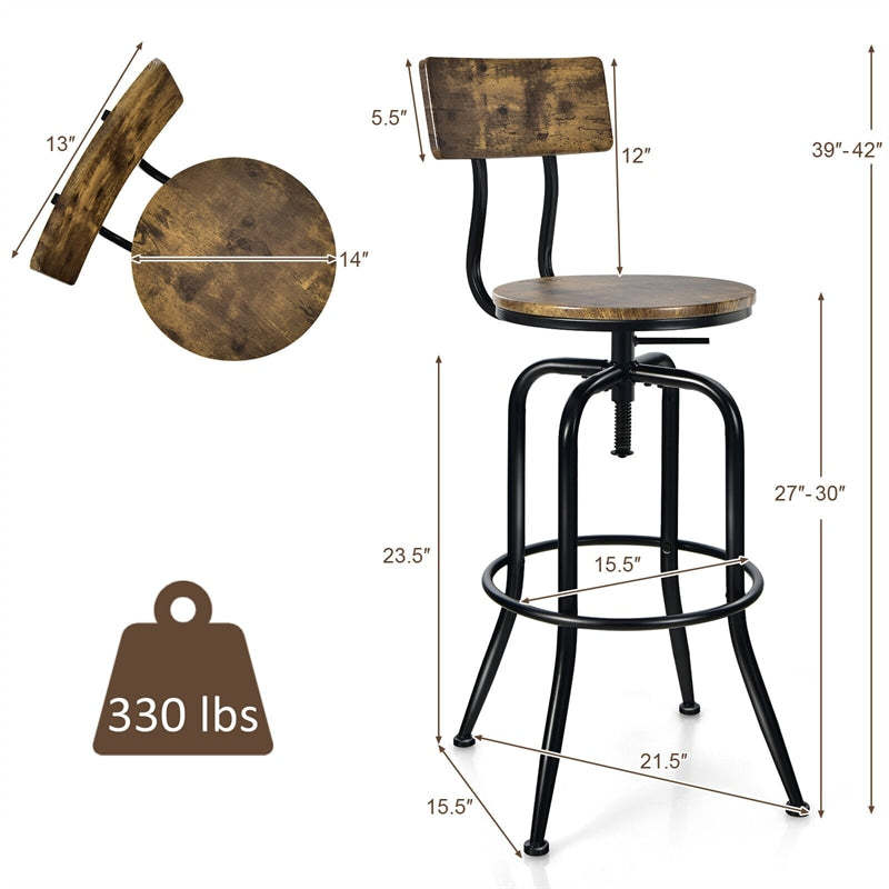 Vintage Industrial Bar Stools Set of 2, Adjustable Counter Height Bar Chairs with Arc-Shaped Backrest & Footrest, Swivel Metal Stools for Kitchen Pub