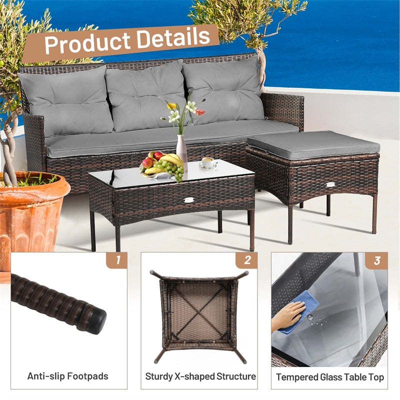 3 PCS Rattan Patio Conversation Set Outdoor Furniture Set w/Cushions