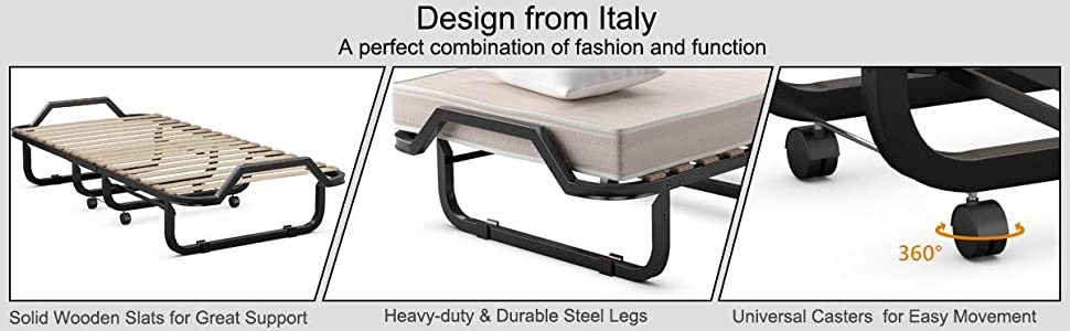 Rollaway Folding Bed Portable Guest Bed with 4 Inch Memory Foam Mattress