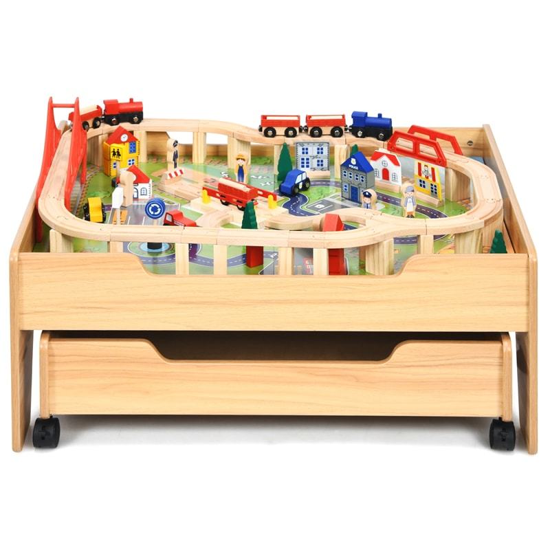 Wooden Kids Train Table with 100 Multicolor Pieces, Tracks & Storage Drawer, Activity Play Table Toddler Toy Train Table, Gift for Boys Girls