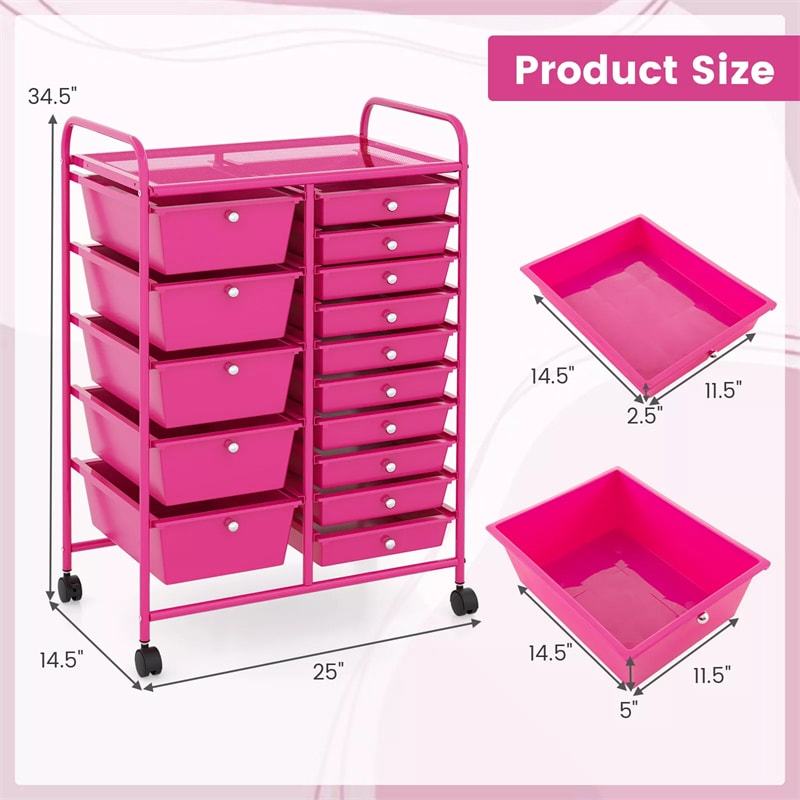 15-Drawer Rolling Storage Cart, Art &  Craft Organizer with Wheels & Removable Drawers for Tools, Scrapbook Paper, Home Office School