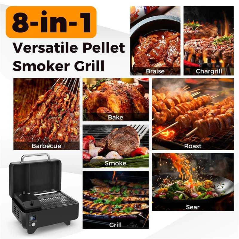 Pellet Grill and Smoker Portable Pellet Smoker Tabletop Wood Pellet Grill w/ Temperature Control, Removable Ash Pan, Grease Tray for Camping BBQ